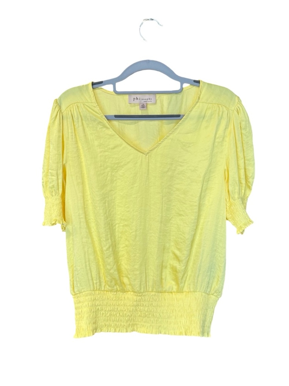 Philosophy Satin-Silky Crinkled Pullover Short Sleeve Top/Blouse Yellow Large